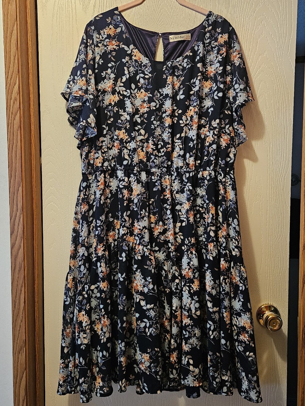 Nemidor Navy Blue Floral Cocktail Dress With Flowy Short Sleeves, Size 18